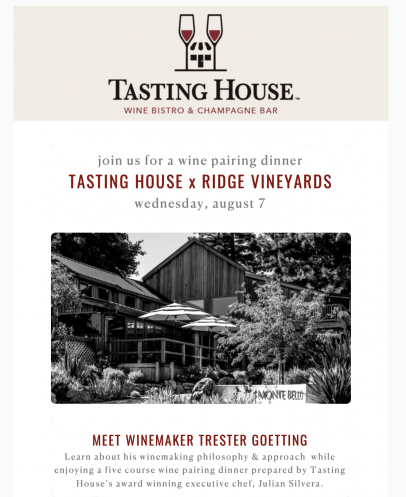 Wine Pairing Dinner - Ridge Vineyards & Tasting House Los Gatos