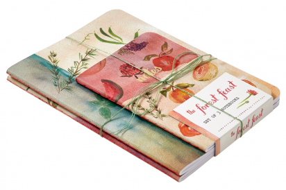 Set of three notebooks of varying sizes, two large and one small, stacked on top of the other. Each notebook has a unique watercolor illustration featuring vegetables and herbs.