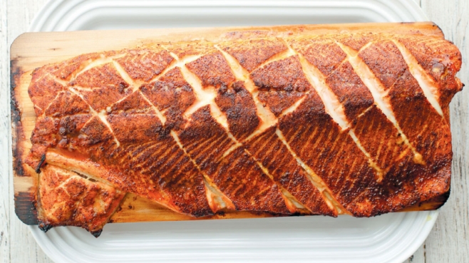 Salmon wood-fired and grilled on cedar plank
