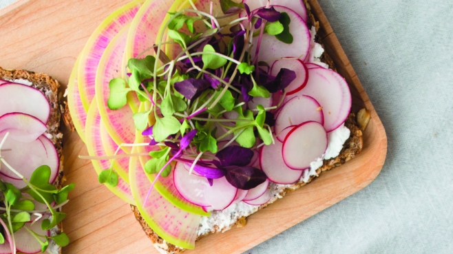 Little Gem and Sprout Salad with Lemon Buttermilk Dressing and Radish Tartines