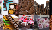 A collage of 14 images of chocolates from businesses described below starting with a Dandelion Chocolate bar and ending with Fleur de Cocoa mousse cake.